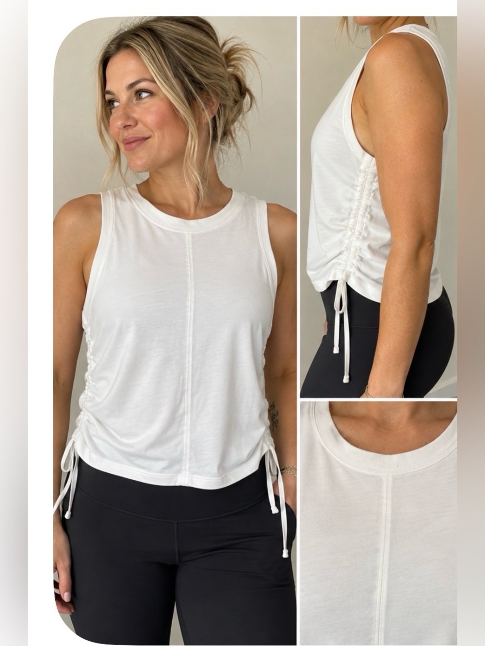 Lululemon White Ruched Side Cinch Sleeveless Tank Top Adjustable Hem